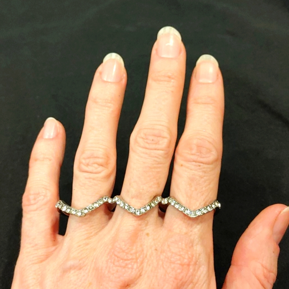 Silver diamond 3 finger ring sz 7
